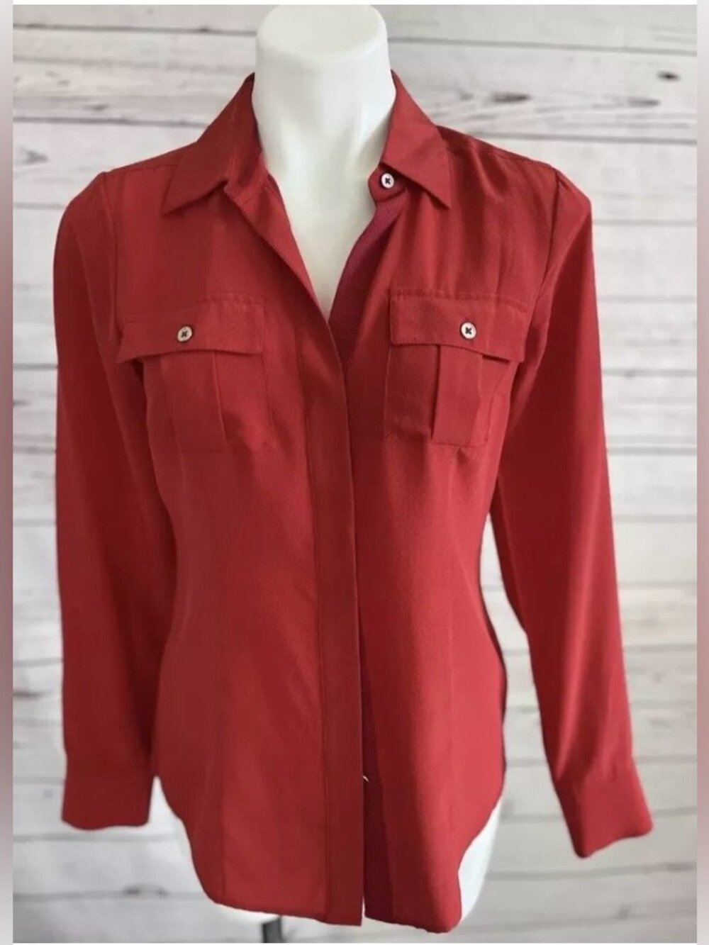 WHBM 100 Silk Long Sleeve Button Front Blouse Size 8 Red